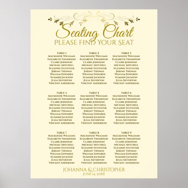 Affiche Carte de siège Mariage Gold & Cream Simple 9 table (Devant)
