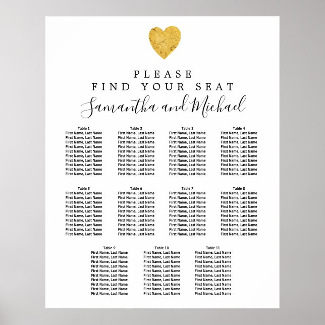 Affiche Carte de siège Mariage Gold Foil Heart 11 tables (Devant)
