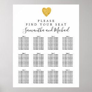 Affiche Carte de siège Mariage Gold Foil Heart 12 tables