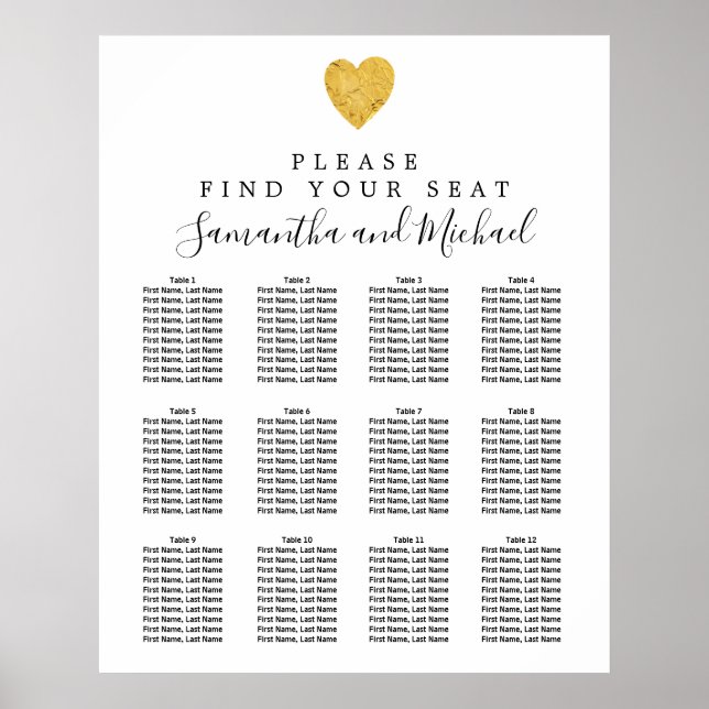 Affiche Carte de siège Mariage Gold Foil Heart 12 tables (Devant)