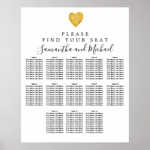 Affiche Carte de siège Mariage Gold Foil Heart 13 tables