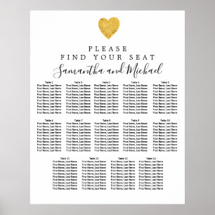 Affiche Carte de siège Mariage Gold Foil Heart 14 tables