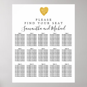 Affiche Carte de siège Mariage Gold Foil Heart 15 tables