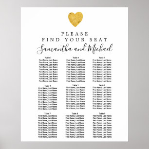 Affiche Carte de siège Mariage Gold Foil Heart 9 tables