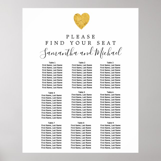 Affiche Carte de siège Mariage Gold Foil Heart 9 tables (Devant)
