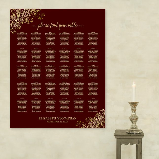 Affiche Carte de siège Mariage Lacy Gold 30 Table Auburn (In Situ on Wall)