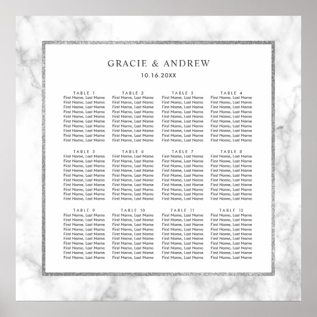 Affiche Carte de siège Mariage Marbre blanc moderne (Devant)