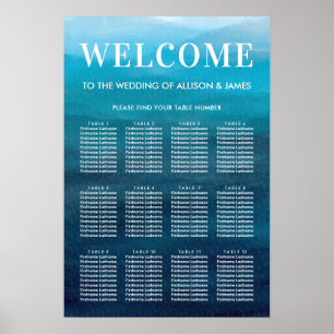 Affiche Carte de siège Mariage Ocean Blue Waves Watercolor