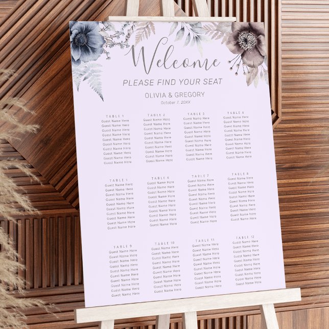 Affiche Carte de siège Mariage Pastel Spring (Elegant Pastel Spring dusky blue, heather lilac, and beige. Watercolor Flower Wedding Seating Chart)