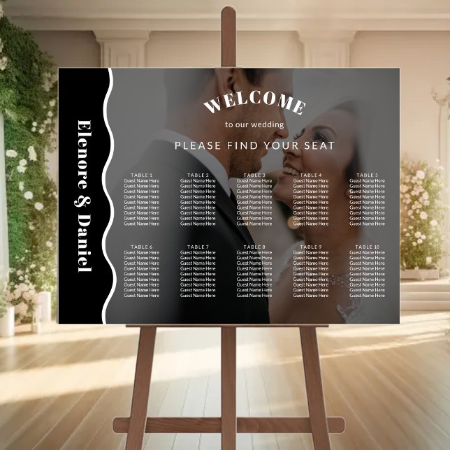 Affiche Carte de siège Mariage photo noir blanc (Side Wave Black White Photo Wedding Seating Chart)