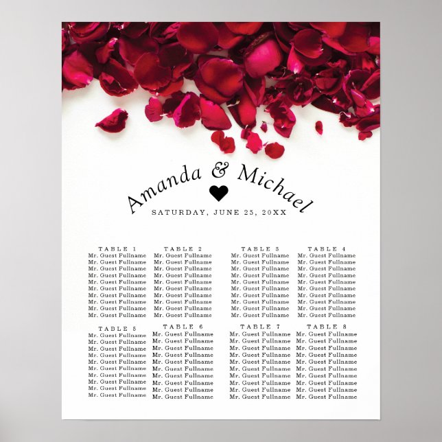 Affiche Carte de siège Mariage Red Rose Petals (Devant)