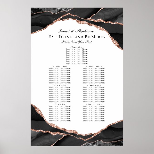 Affiche Carte de siège Mariage rose Gold Black Agate (Devant)