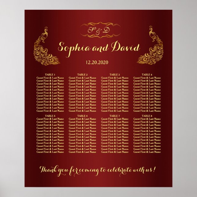 Affiche Carte de siège Mariage Royal Burgundy Gold Peacock (Devant)