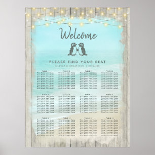 Affiche Carte de siège Mariage Rustic Beach Penguins
