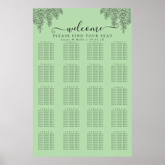 Affiche Carte de siège Mariage Sage Green Fern (Devant)