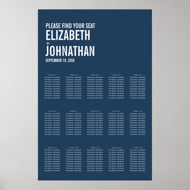 Affiche Carte de siège Mariage simple de typographie marin (Devant)