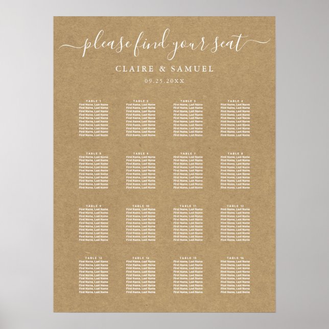 Affiche Carte de siège Mariage simple Faux Rustic Kraft (Devant)