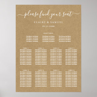 Affiche Carte de siège Mariage simple Faux Rustic Kraft