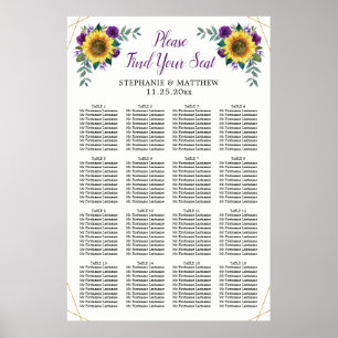 Affiche Carte de siège mariage Tournesol violet géométriqu