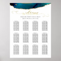 Carte de siège Mariage turquoise Aquarelle Or Agat