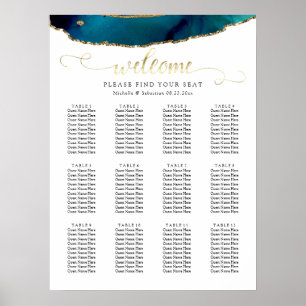Affiche Carte de siège Mariage turquoise Aquarelle Or Agat