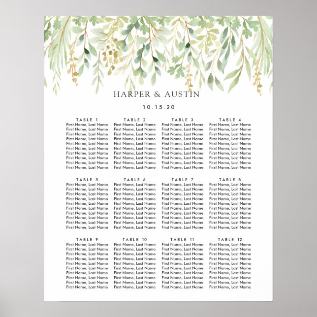 Affiche Carte de siège Mariage végétal du feuillage vert (Devant)