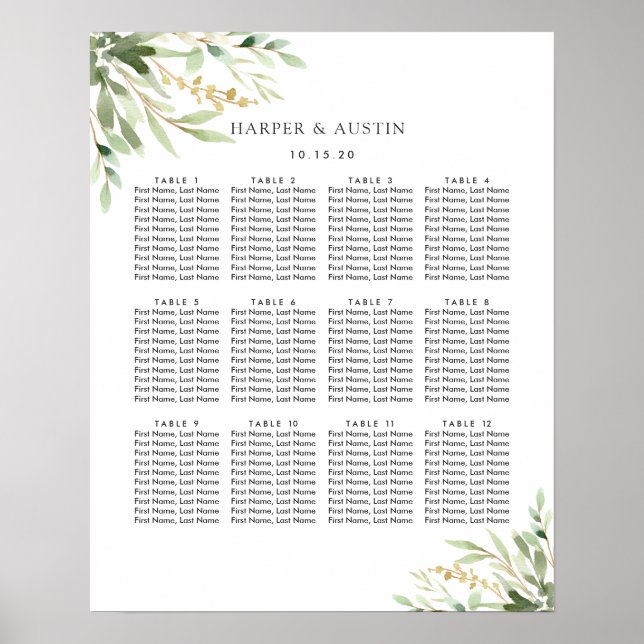 Affiche Carte de siège Mariage végétal du feuillage vert (Devant)