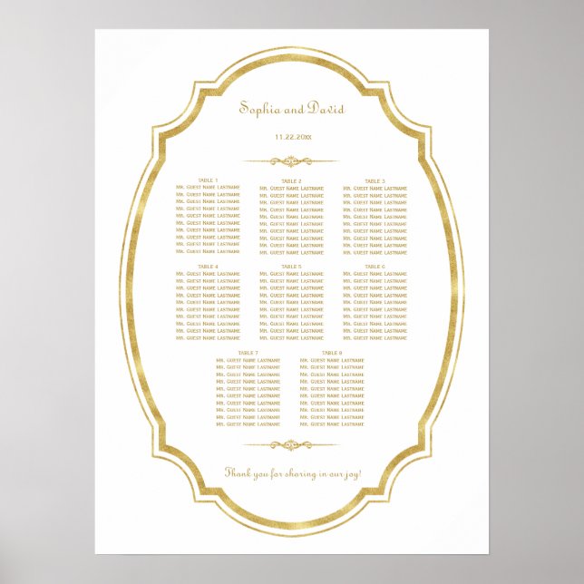 Affiche Carte de siège Mariage vintage à huile d'or (Devant)
