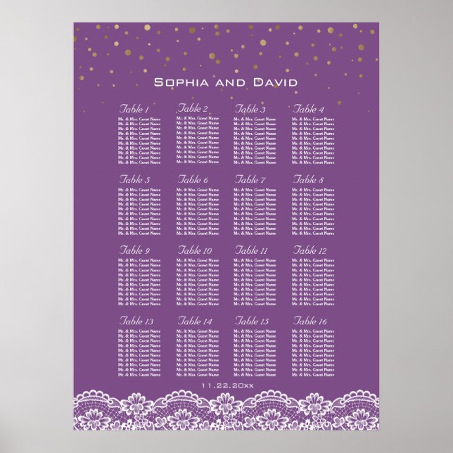 Affiche Carte de siège Mariage violet Lace Gold Confetti (Devant)