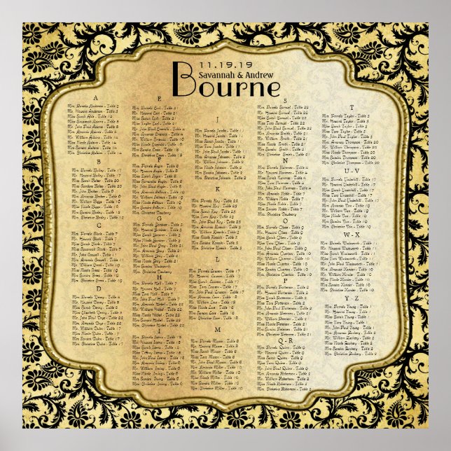 Affiche Carte de sièges Mariage damassé en or et noir (Devant)