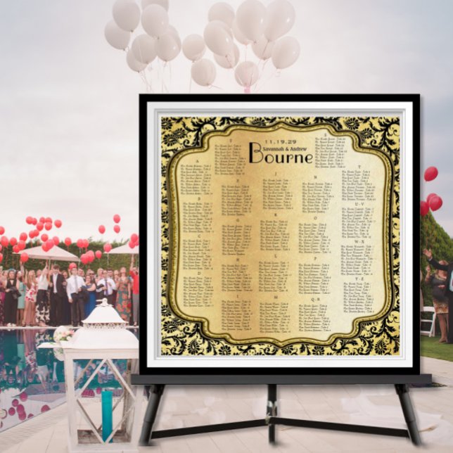 Affiche Carte de sièges Mariage damassé en or et noir (Créateur téléchargé)