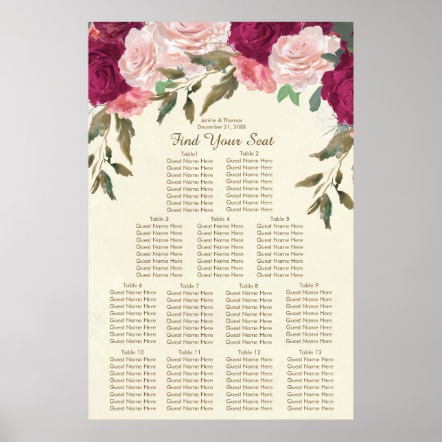 Affiche carte de sièges mariages à fleurs rose-bordeaux (Devant)