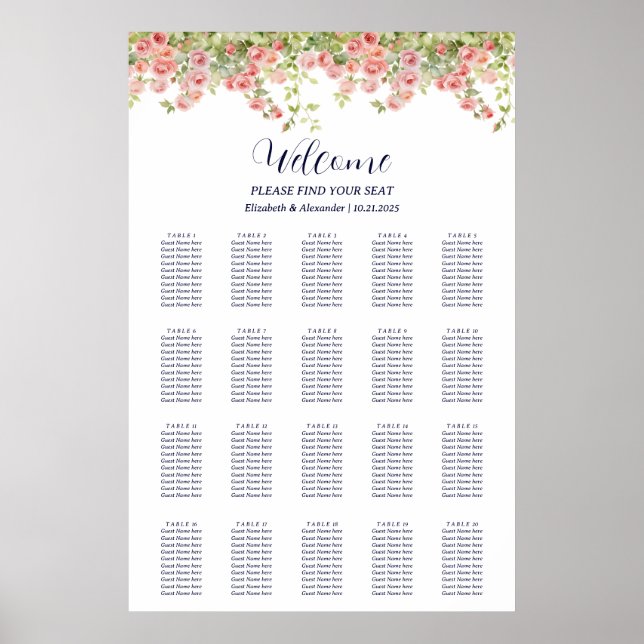 Affiche Carte de sièges minimaliste simple jolie rose (Devant)