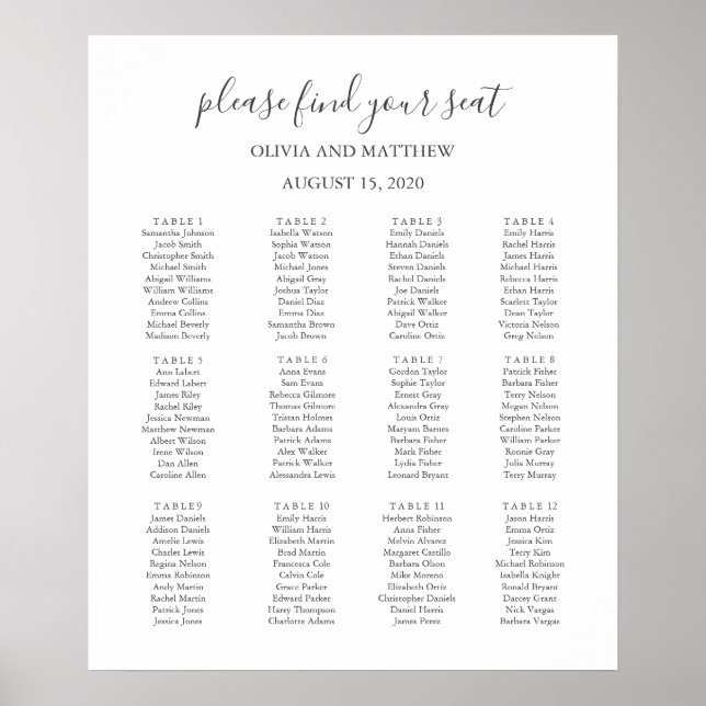 Affiche Carte de sièges simple en blanc et noir mariage (Devant)