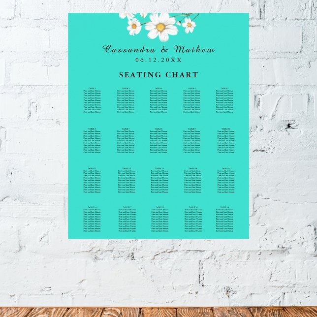 Affiche Carte de sièges Turquoise Daisy Floral Mariage 200 (Turquoise Daisy Floral Wedding 200 Seating Chart)