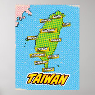 Affiche Carte de Taïwan illustrée par Pop Art