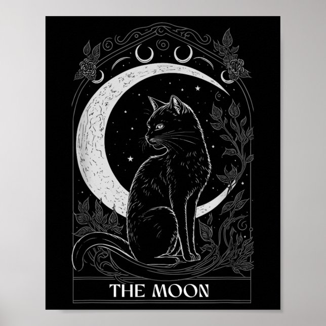 Affiche Carte de tarot de chat de lune croissante Graphiqu (Devant)