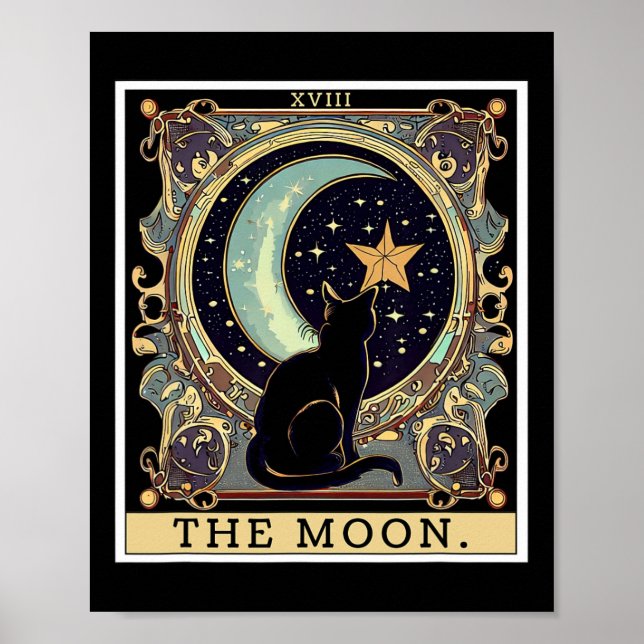 Affiche Carte de Tarot Lune Vintage Chat Noir Femme (Devant)