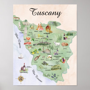 Affiche Carte de Toscane aquarelle : nourriture et monumen