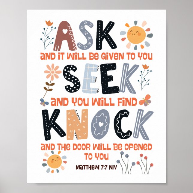 Affiche Carte de verset biblique Écriture Matthieu 7:7 (Devant)