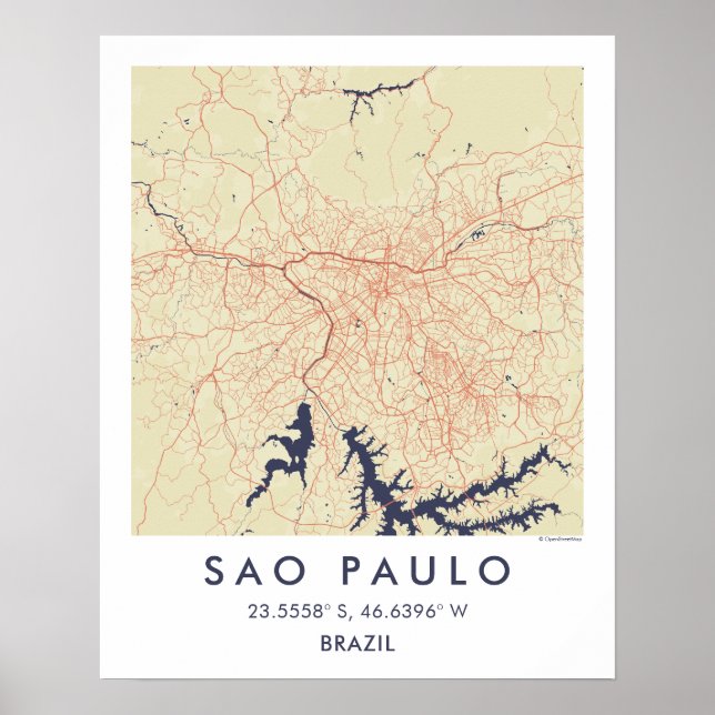 Affiche Carte de ville personnalisée de São Paulo, Brésil, (Devant)