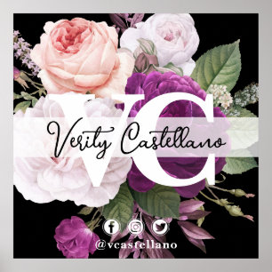 Affiche Carte de visite vintage florale oversize noire et 