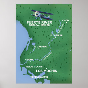 Affiche carte de voyage de la rivière Fuerte Sinaloa, Mexi