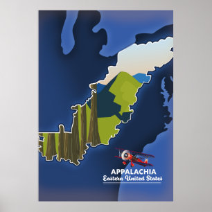 Affiche carte de voyage de l'est des États-Unis Appalachia