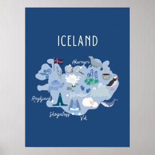 Affiche Carte de voyage d'Islande bleu foncé