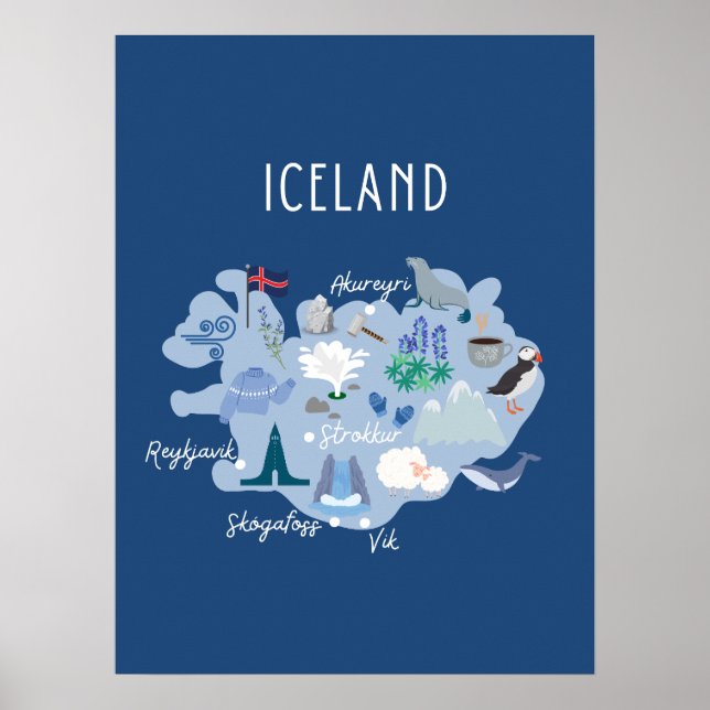 Affiche Carte de voyage d'Islande bleu foncé (Devant)