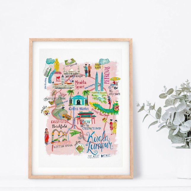 Affiche Carte de voyage Kuala Lumpur Asie rose illustrativ (Créateur téléchargé)