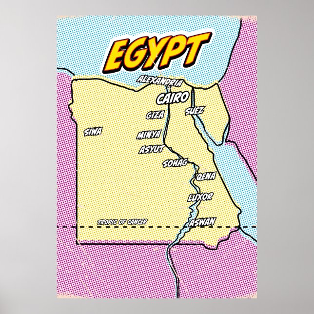Affiche Carte d'Égypte illustrée Pop Art (Devant)
