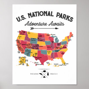 Affiche Carte des 63 parcs nationaux Parcs américains Rétr