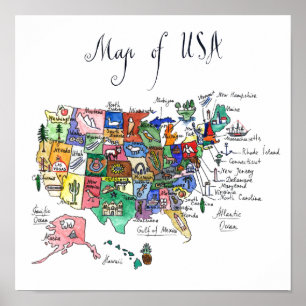 Affiche Carte des attractions des Etats-Unis d'Amérique